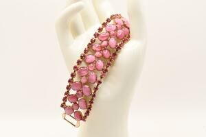 Vintage 1950s Pink Moonstone Glass Rhinestone Wide Bracelet Gold Tone